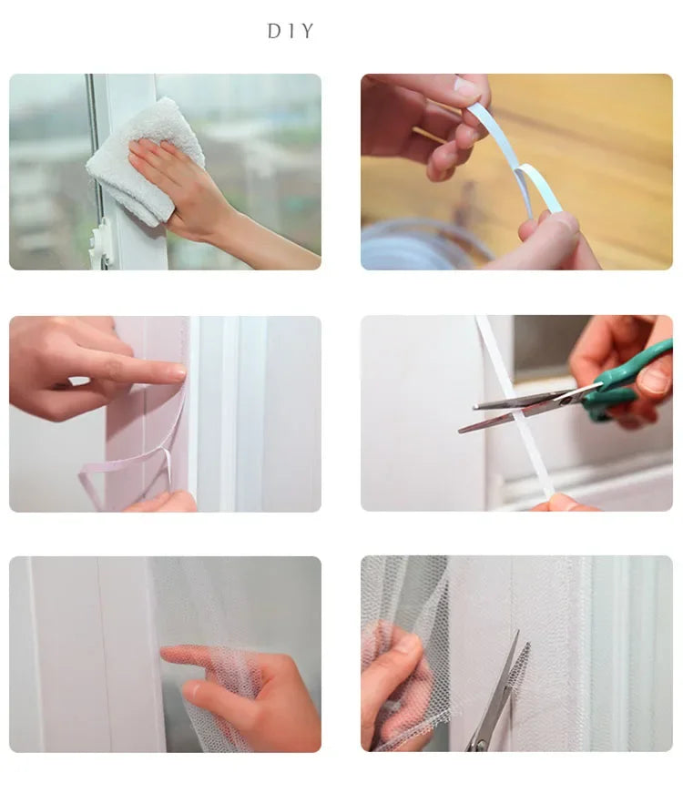 DIY mosquito screen installation steps showing mesh, adhesive strips, and tools