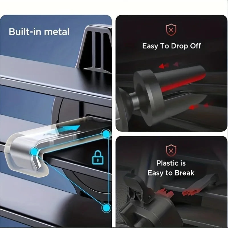 Black car air-vent phone holder clip with metal insert and locking arm view