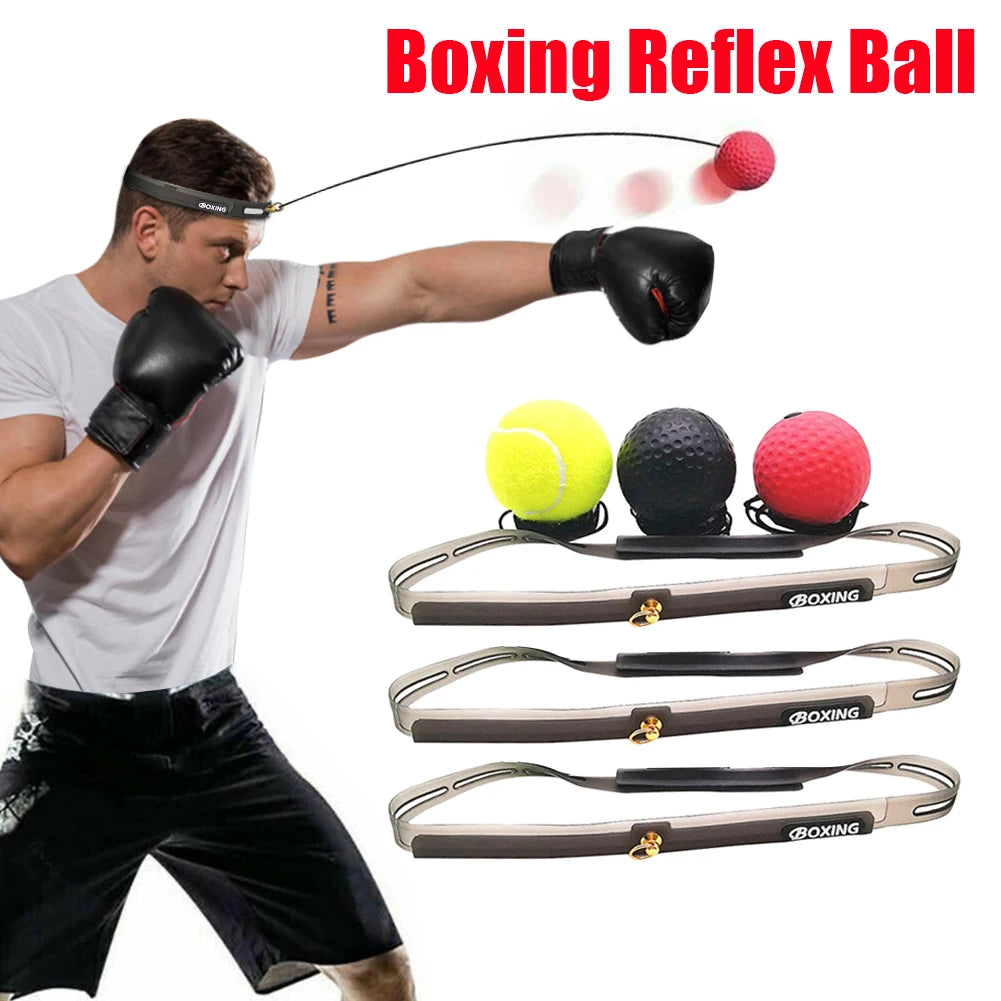 Boxing reflex speed punch ball set with three textured balls and headband, black gloves