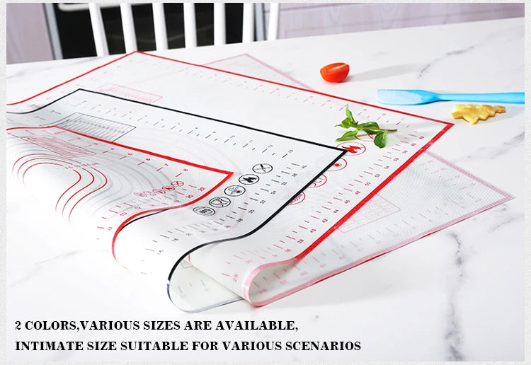 Silicone baking dough mat with red measurement and mixing guide lines