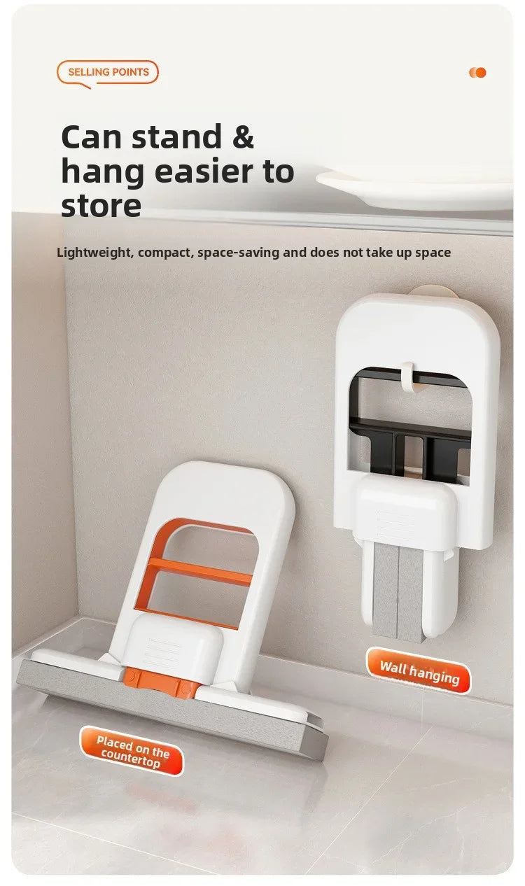 Foldable desktop mop with orange insert, stand-and-hang storage design