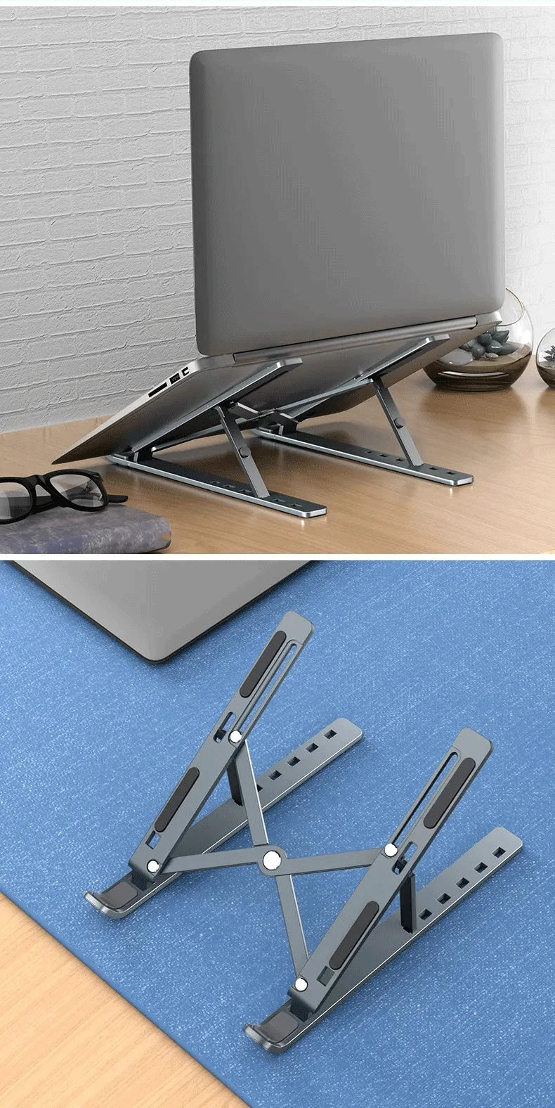 Foldable laptop stand with adjustable metal arms holding a laptop on a desk