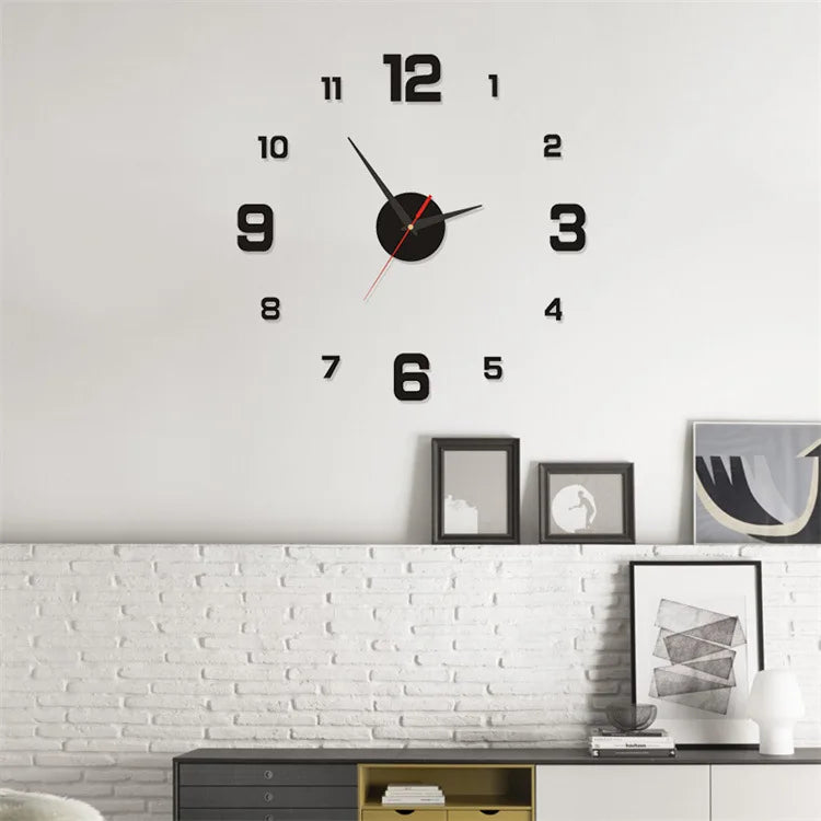 DIY wall clock sticker with black center, black hour/minute hands and red second hand, 1–12.