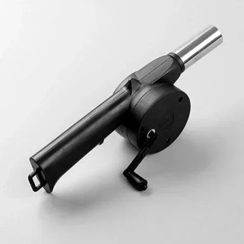 Manual hand-crank air blower with black cylindrical tube and side crank handle