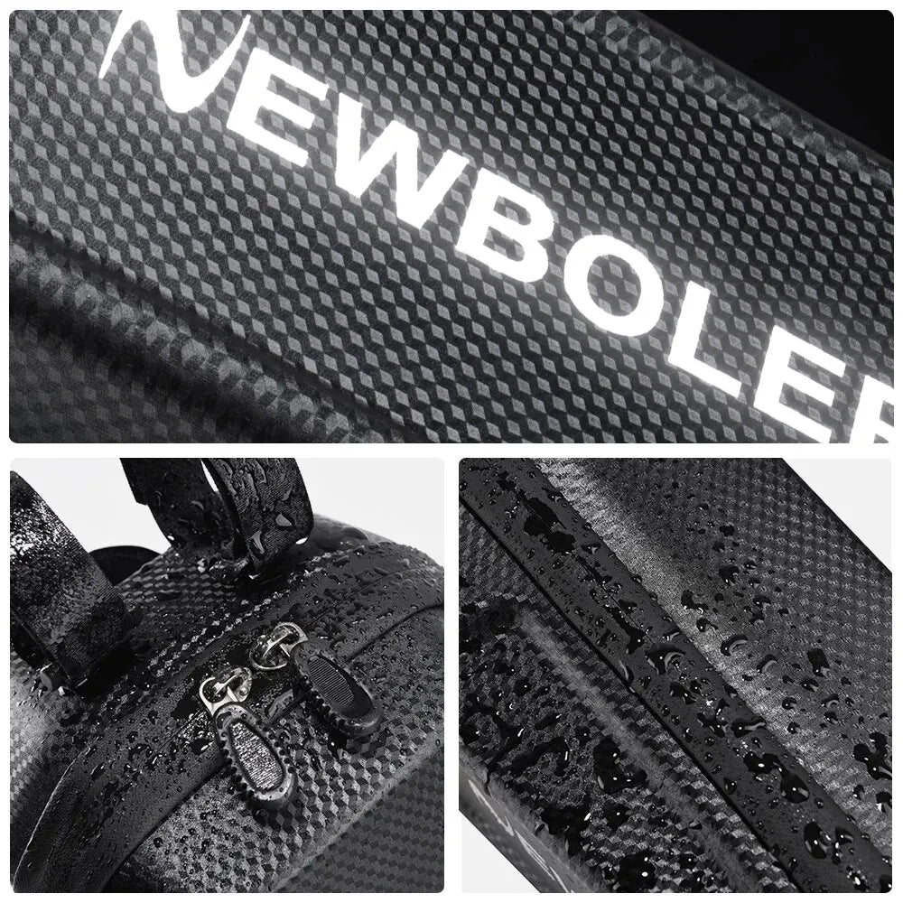 NEWBOLER textured black fabric close-up with water droplets on bag surface
