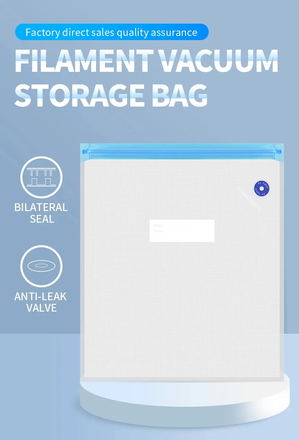 Filament vacuum storage bag with blue zipper and anti-leak air valve