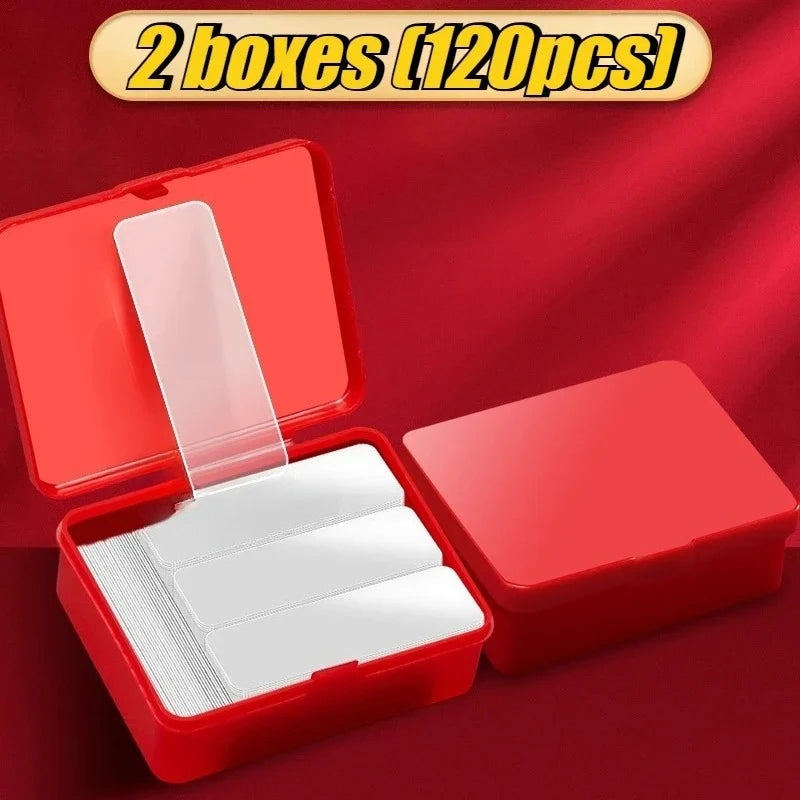 Double-sided adhesive tape pads kit: open red case with clear strips and stacked white pads