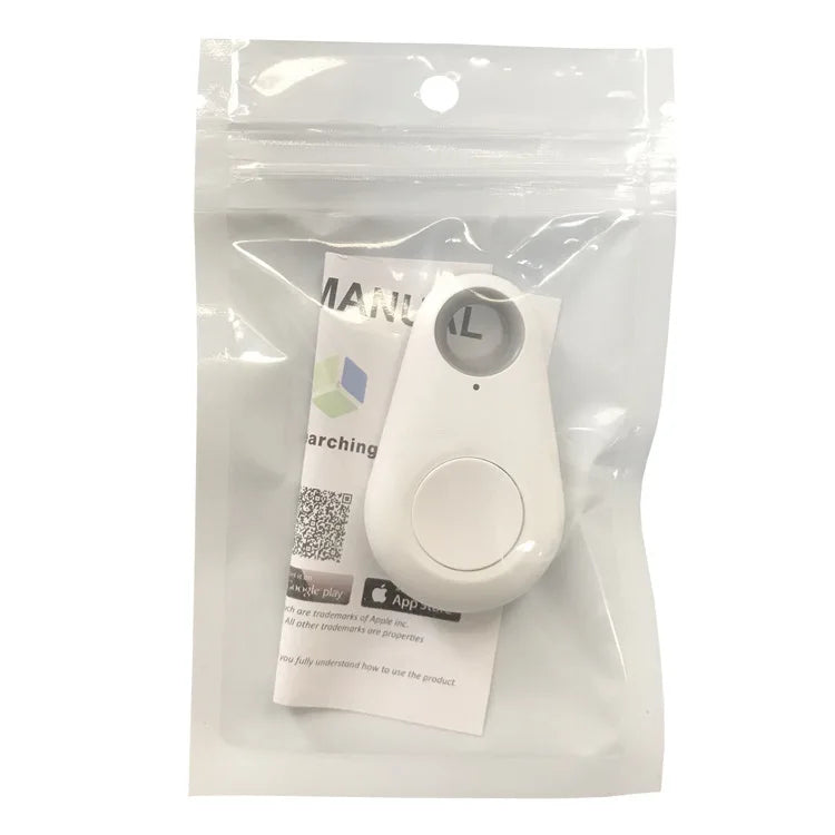 White Bluetooth anti-lost tracker key fob in clear plastic pouch with card