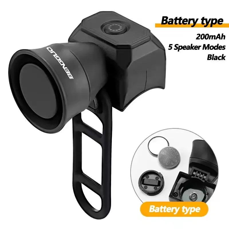 Black bike horn bell with 200mAh battery type and 5 speaker modes, inset details