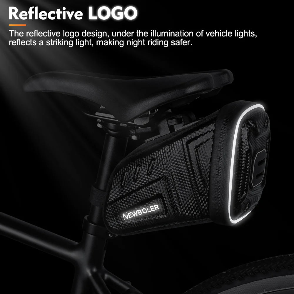 Black bicycle saddle bag with reflective logo on side pocket for night visibility