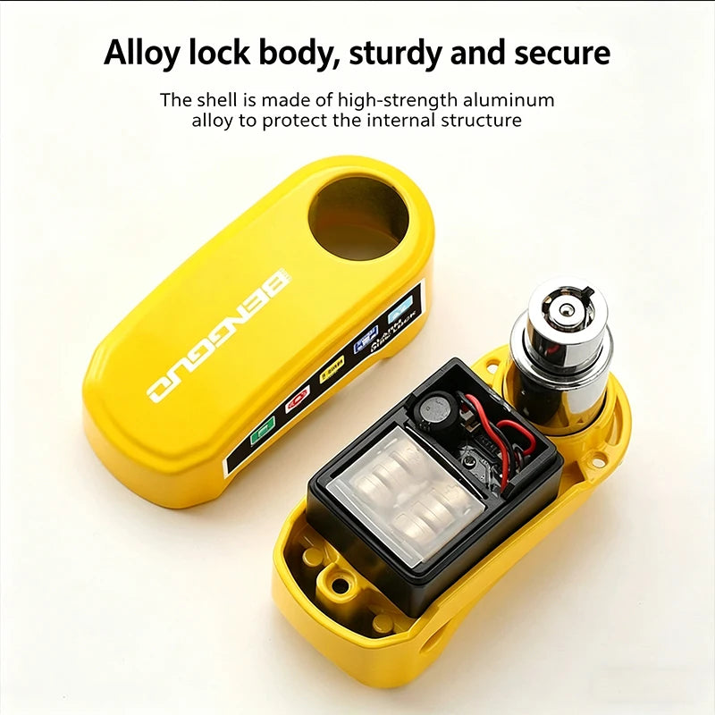 Yellow disc brake alarm lock with aluminum alloy housing and visible internal battery module