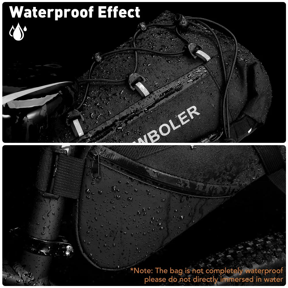 Waterproof-effect NEWBOLER bike tail bag fabric with sealed zipper and droplet detail