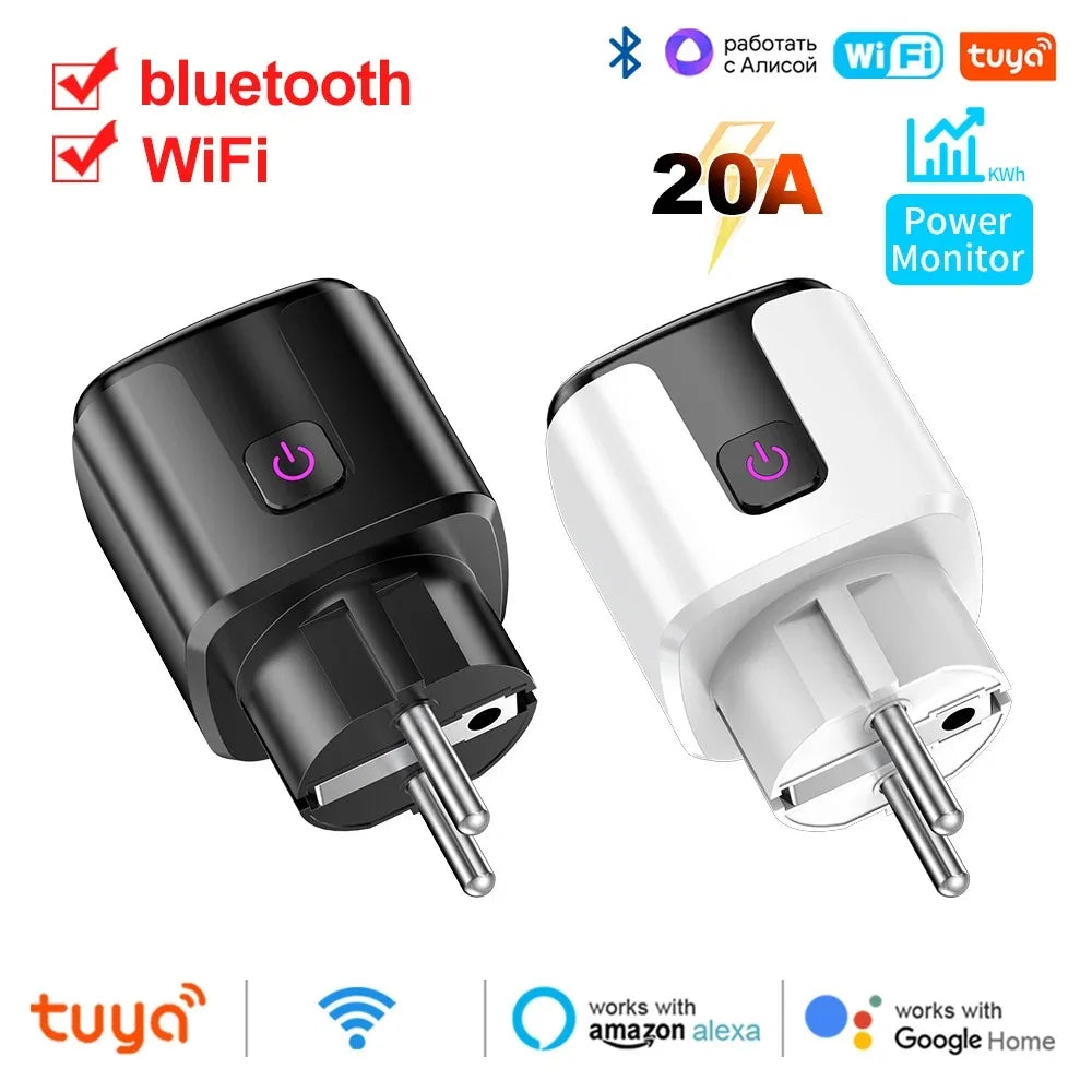 Tuya smart WiFi power-monitoring plug, set of black and white 20A versions