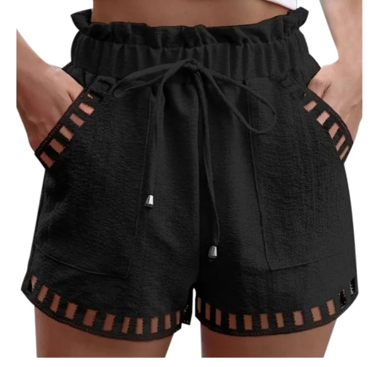 Black cotton-linen shorts with elastic waist, drawstring, side pockets, cutout trim
