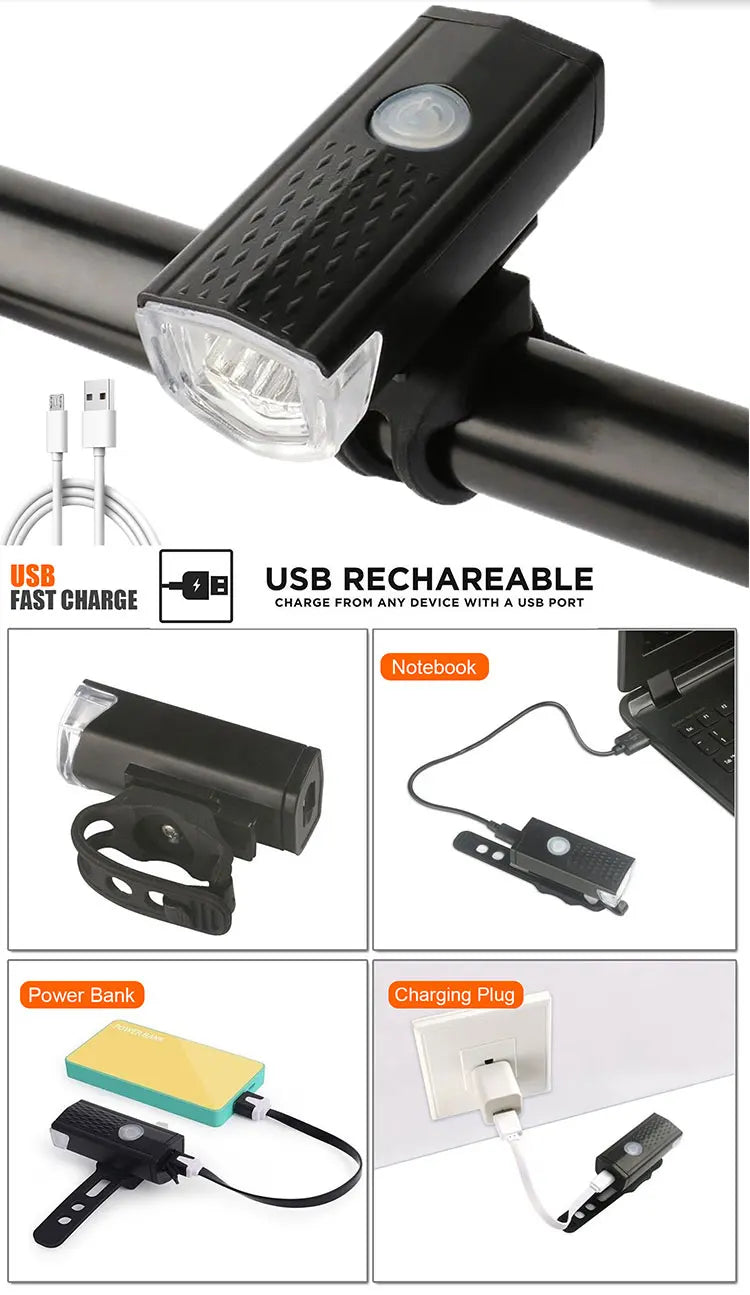 USB rechargeable bike headlight with clear lens, black mount, includes USB charging cable