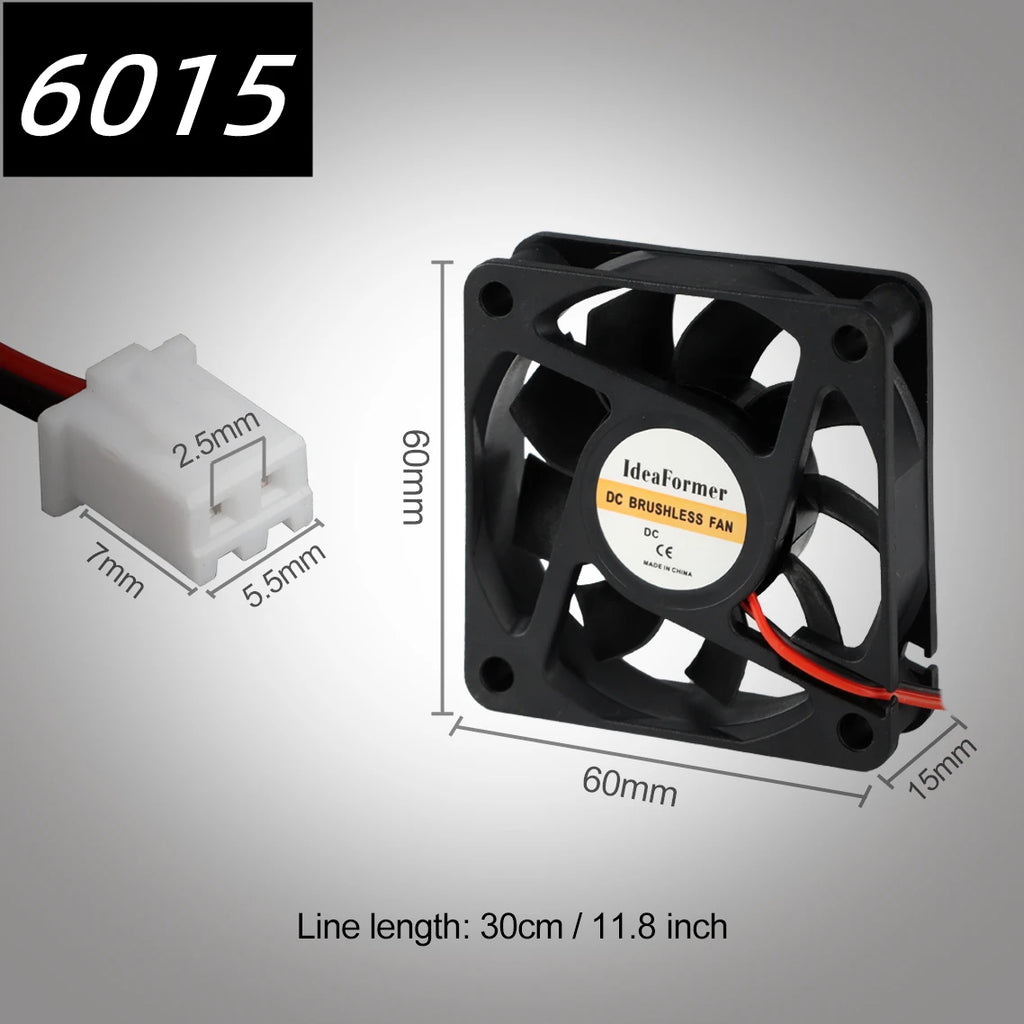 Brushless DC cooling fan, black 60x60x15mm 2-pin connector for 3D printer extruder
