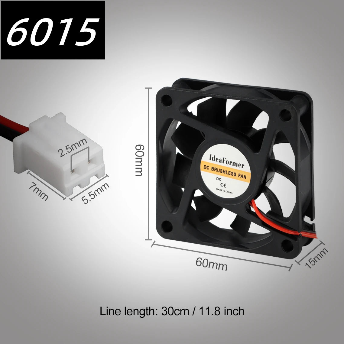 Brushless DC cooling fan, black 60x60x15mm 2-pin connector for 3D printer extruder