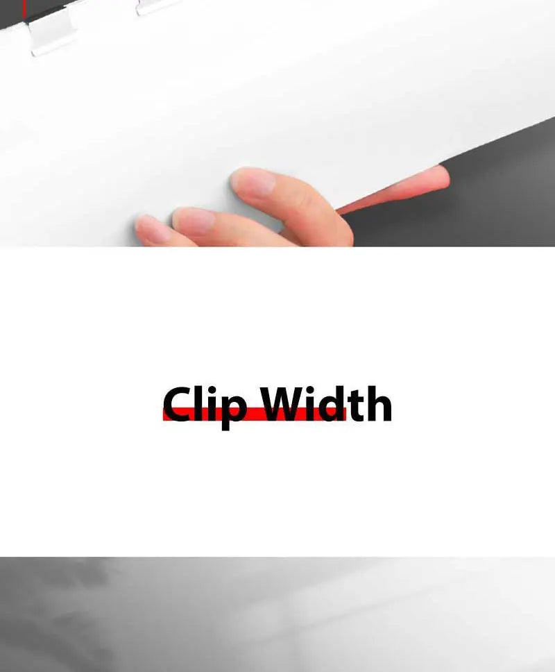 Mini push stapler clip holding paper edge, clip width measurement shown