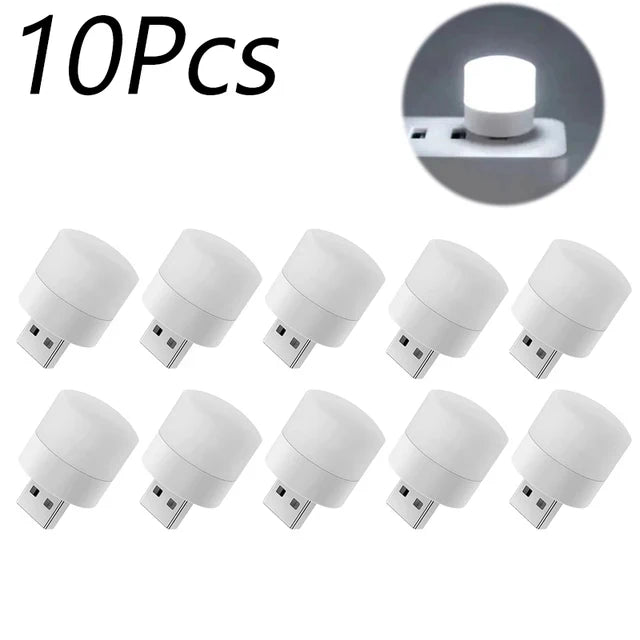 10-pack of white USB mini night light bulbs with glowing top lights