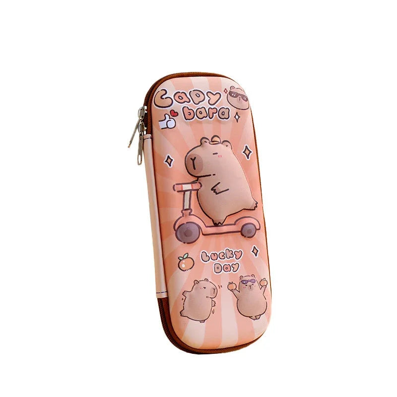 Pink capybara pencil pouch with brown zipper and all-over character print.