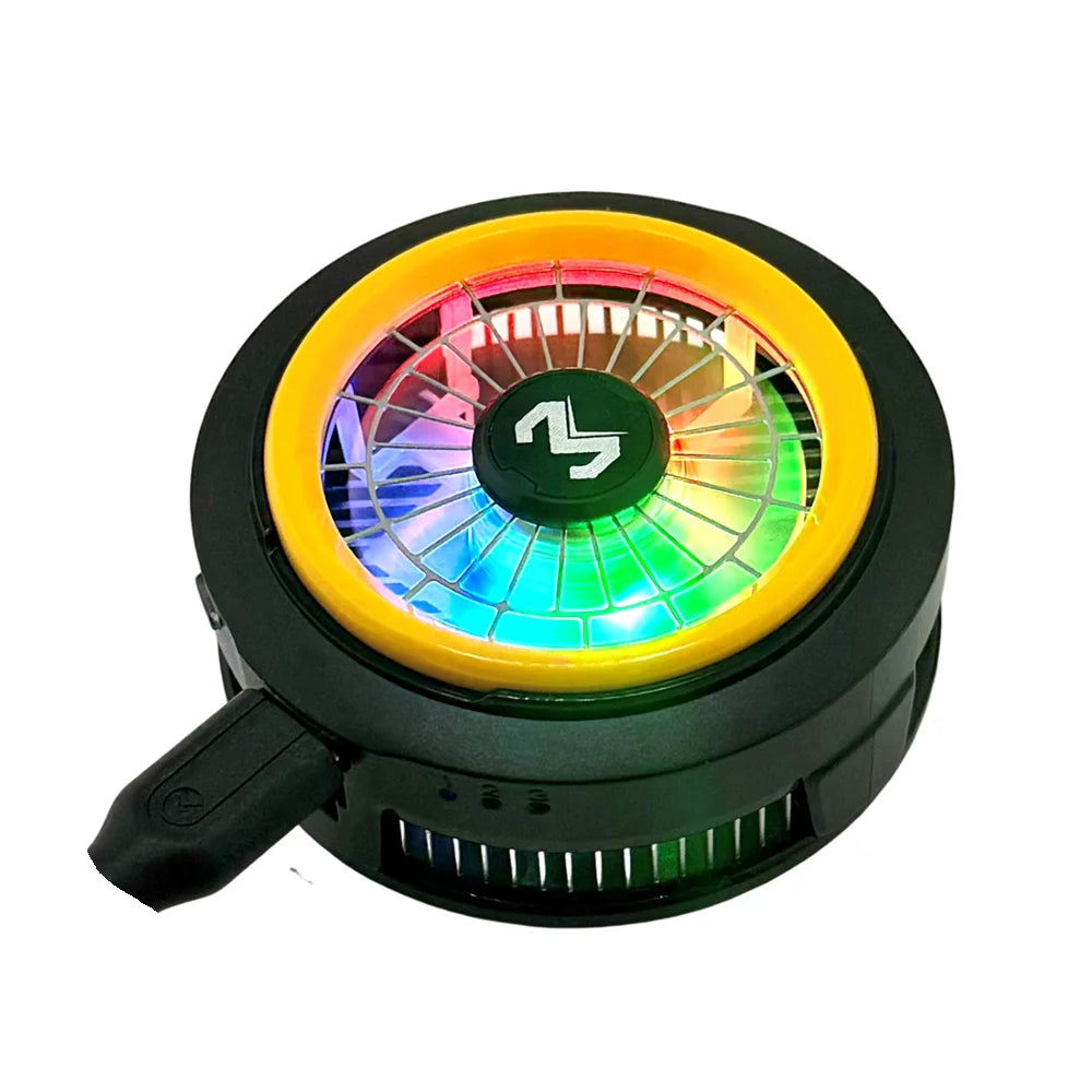 Phone cooler clip with RGB fan ring and circular grille, dark housing