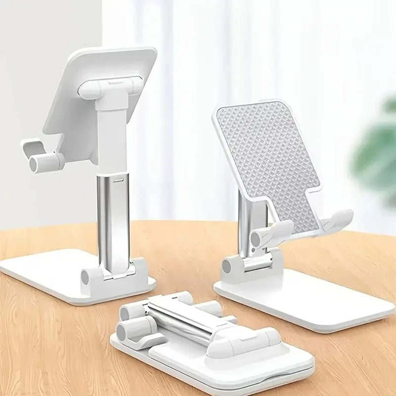 Adjustable desk mobile phone holder stand, white base with cradle arms