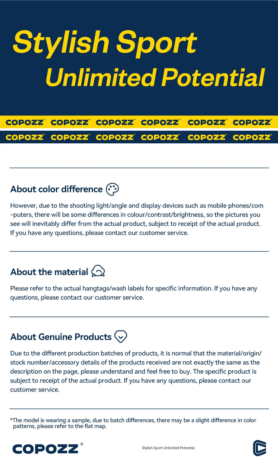 COPOZZ swimming floating board info panel about material, colors, and genuine products