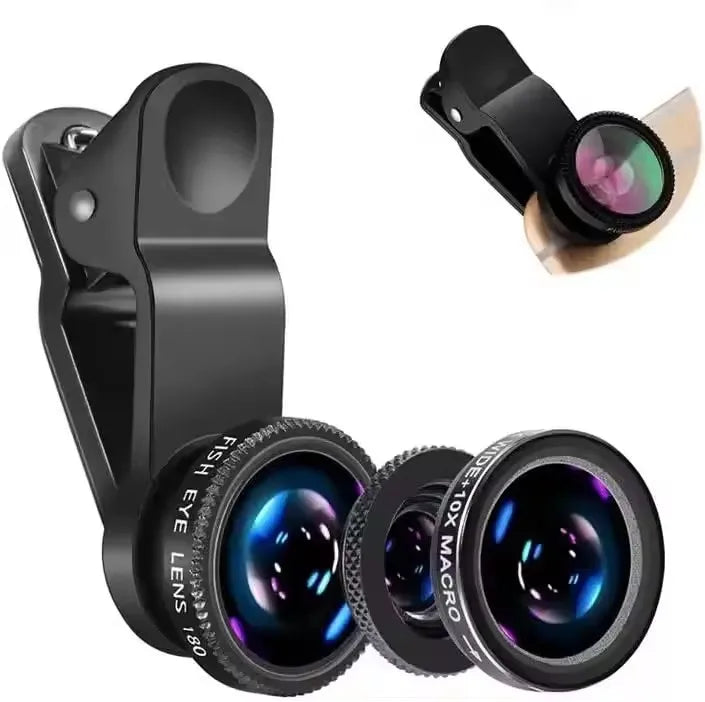 Black phone camera lens kit with clip and three interchangeable lenses