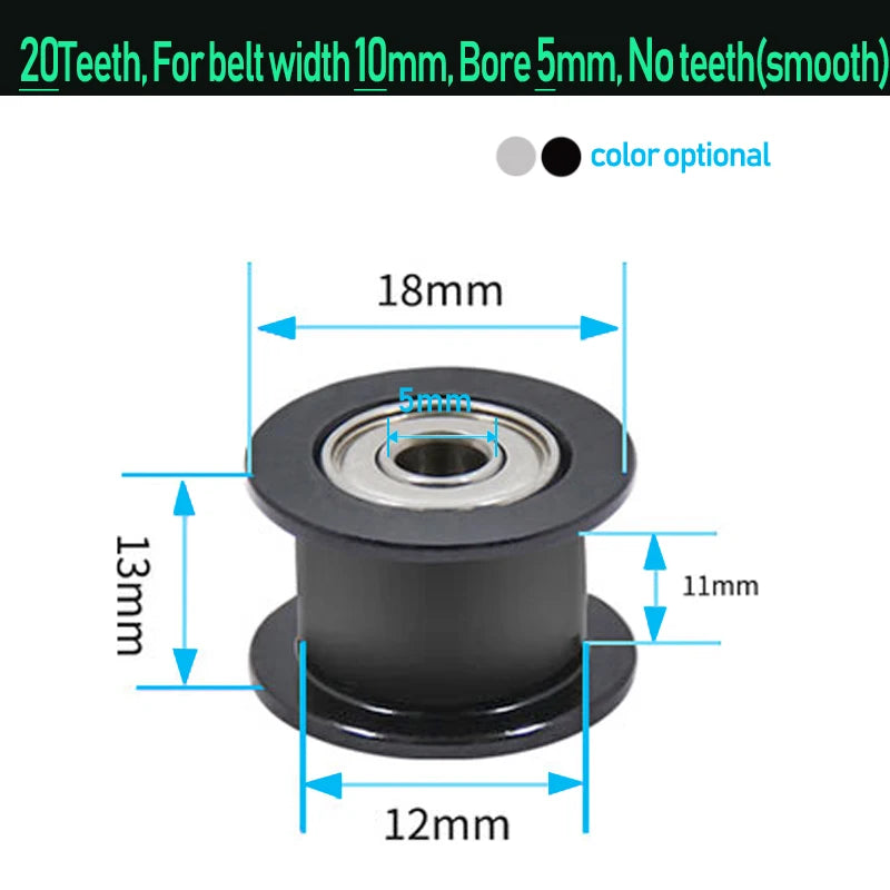 GT2 idler timing pulley, smooth wheel, 5mm bore, black bearing