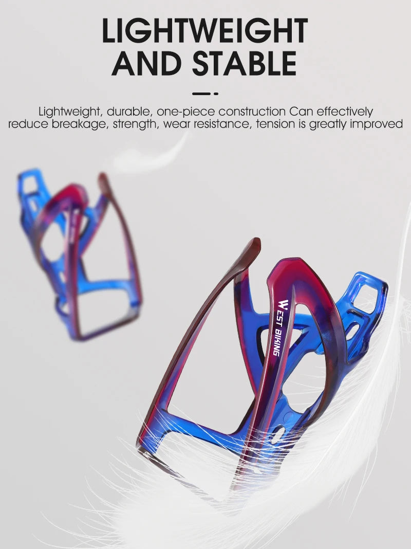Blue and red bicycle bottle cage, lightweight curved holder for water bottles