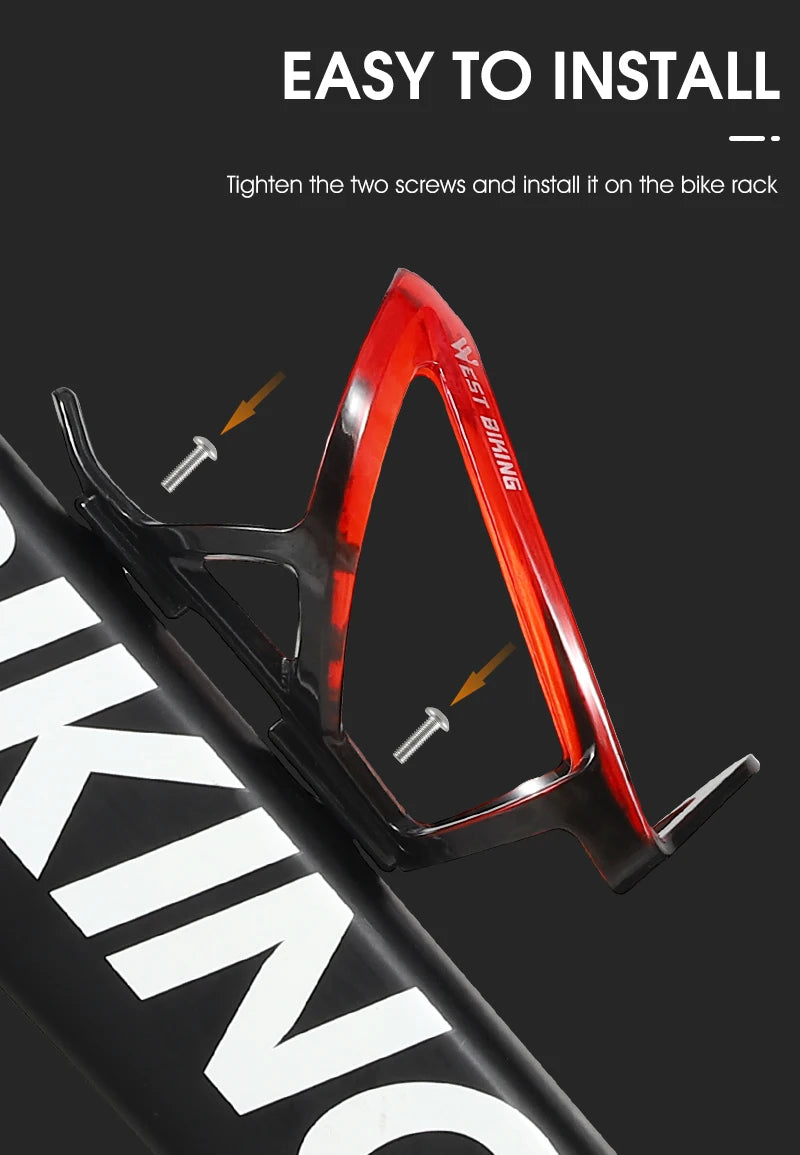 Red bike water bottle cage with two mounting screws, angled for bike frame fitting.