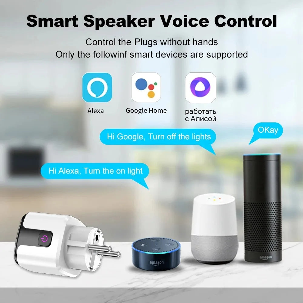 White Tuya smart WiFi plug with power button and EU two-pin plug connector