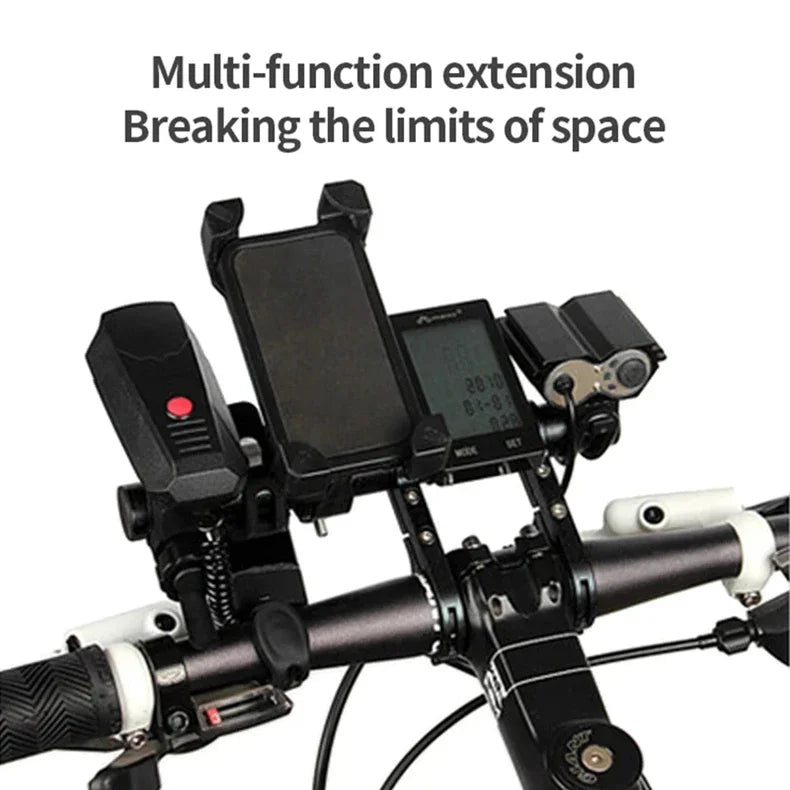 Bicycle handlebar extender with dual adjustable clamp for phone and front light mount