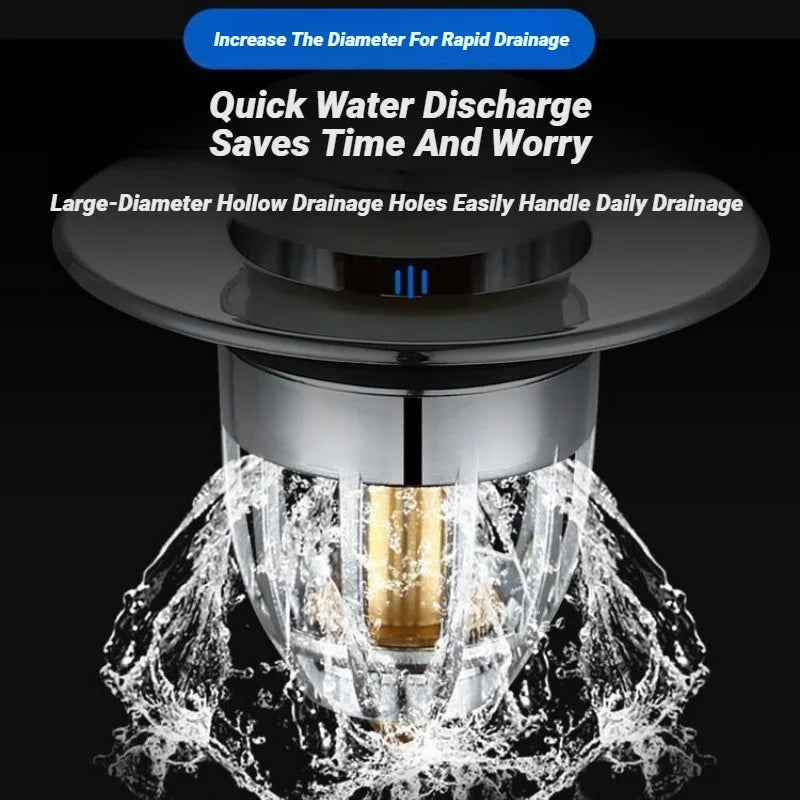 Chrome pop-up drain stopper showing water flow through hollow drainage holes