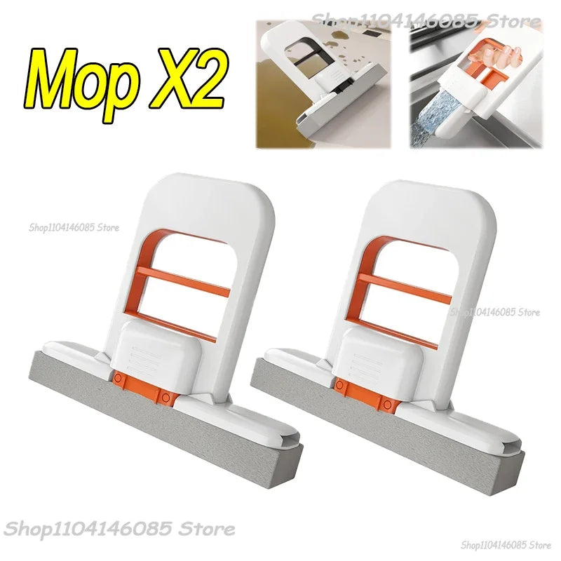 Foldable desktop sponge mop pair with orange handles