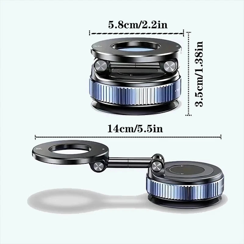 Compact magnetic phone holder with suction mount, circular top ring, blue ribbed band