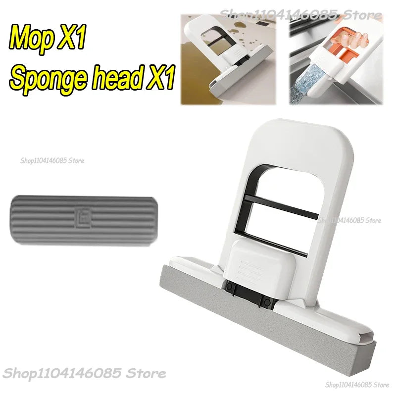 Foldable desktop sponge mop with black handle and one gray replacement head