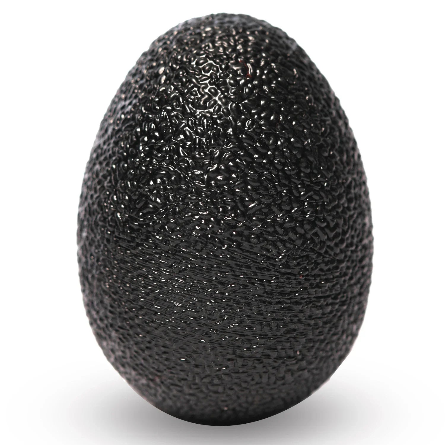 Black egg-shaped grip exercise ball with textured bumpy surface.