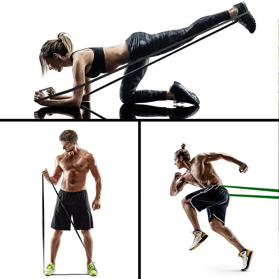 Green resistance loop band for agility training, stretched around legs during lunges
