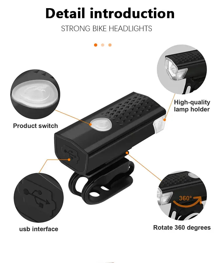 USB rechargeable bike headlight in black housing with switch and mount details