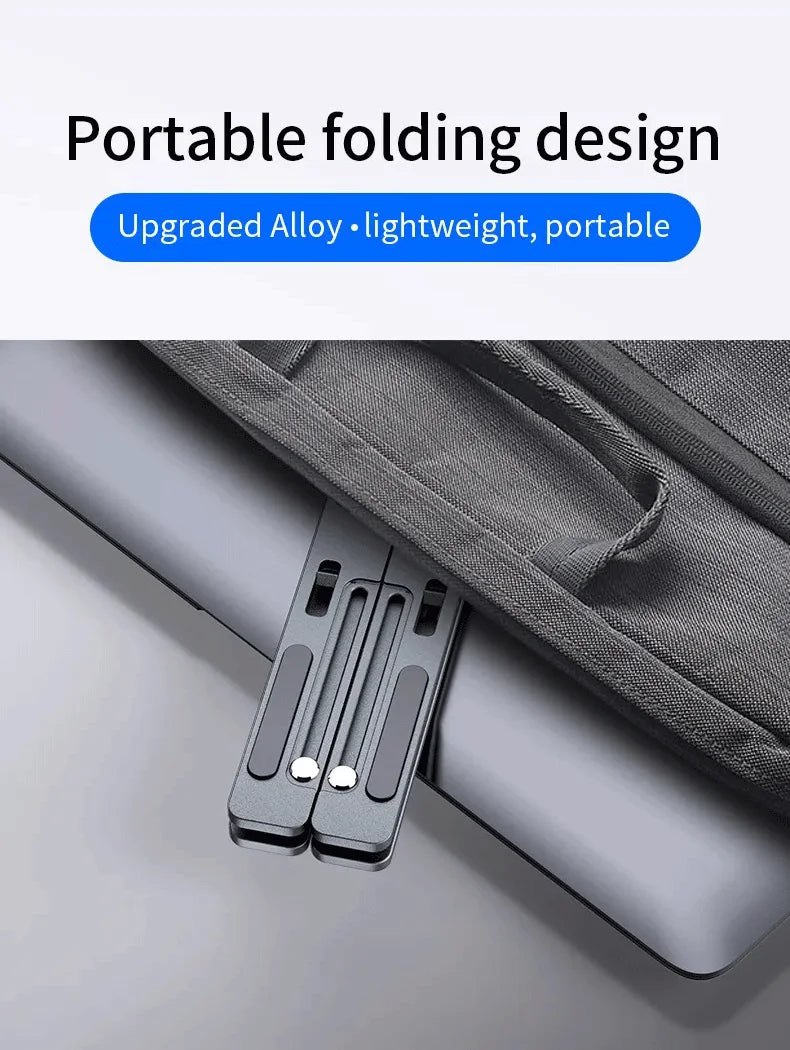 Foldable laptop stand with adjustable metal legs and mounting slots