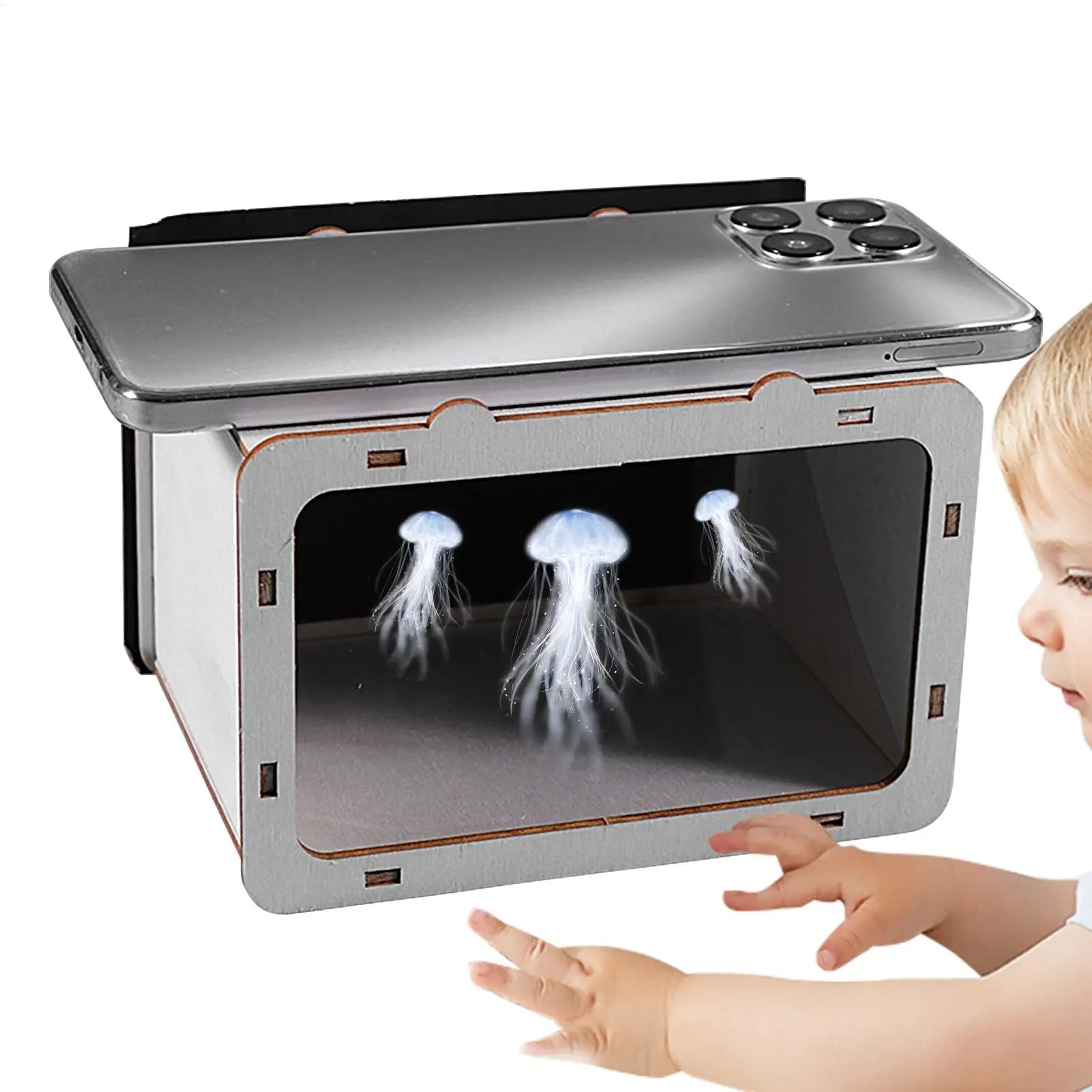DIY 3D hologram projector with open frame, tablet phone resting on top