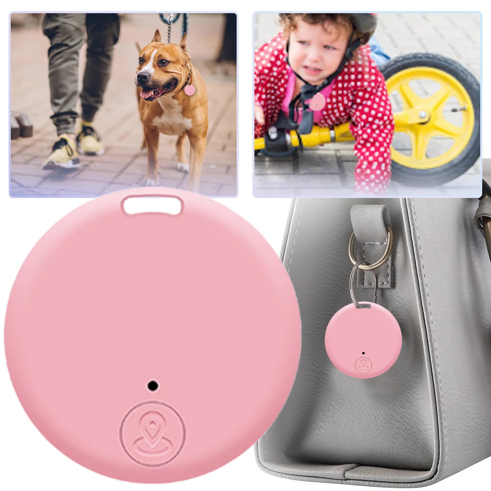 Pink round Bluetooth tracker tag attached to a keychain on a bag
