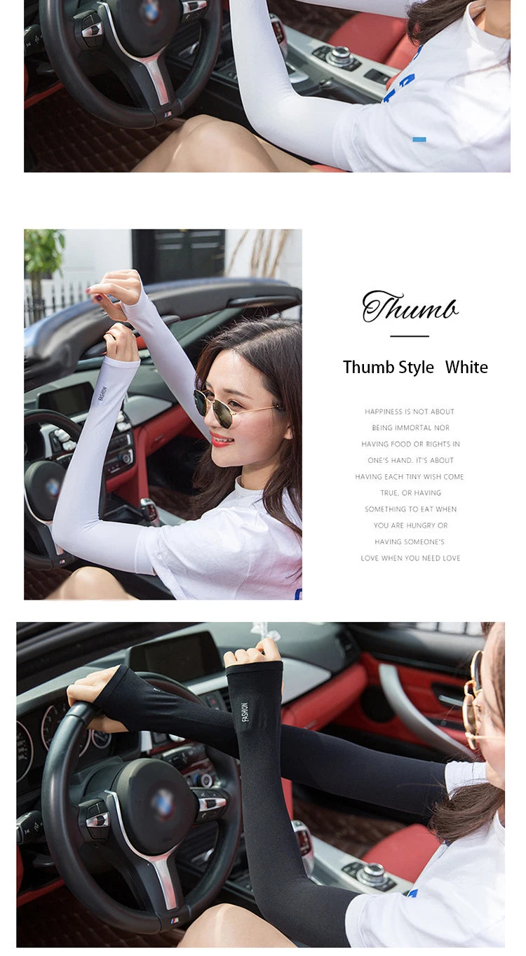White UV arm covers with thumb opening for driving and cycling