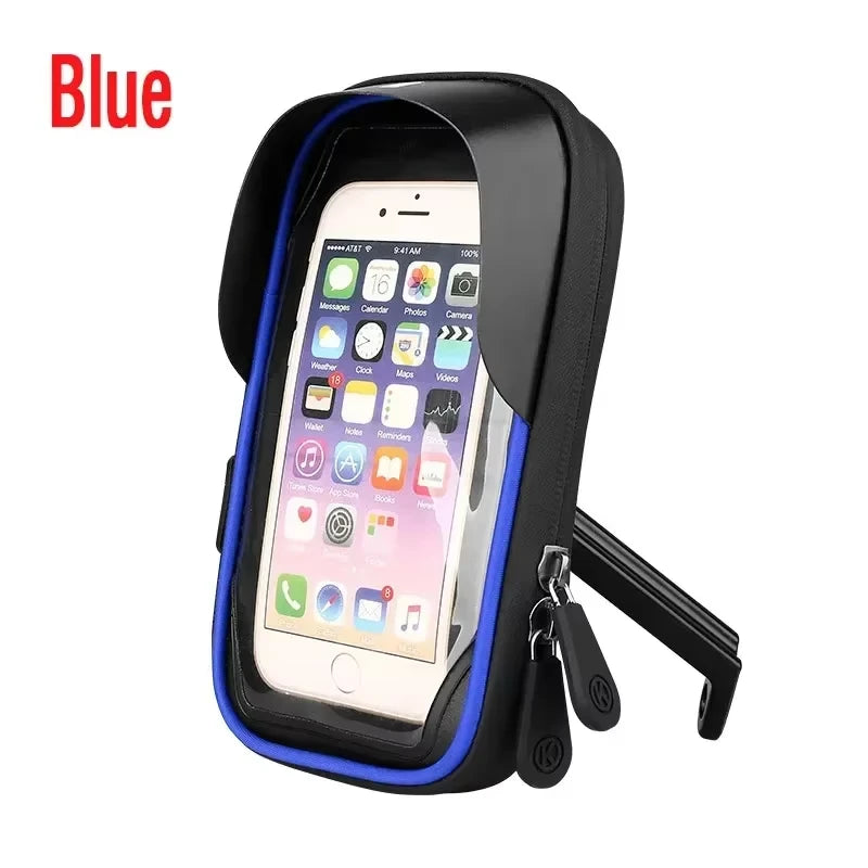 Blue waterproof phone mount case with clear screen window and bike clamp