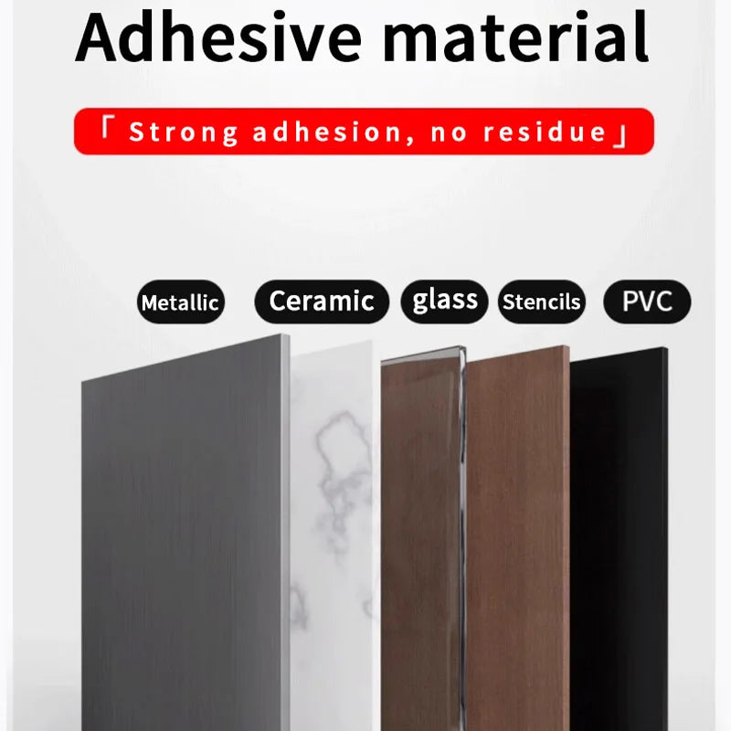 VHB double-sided tape adhesive material compatibility graphic for metal, ceramic, glass