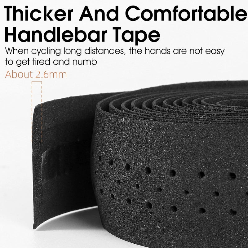 Black EVA bicycle handlebar tape showing thickness layers and perforated grip surface