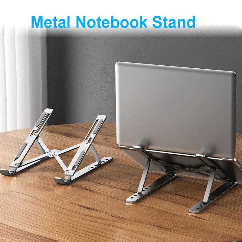 Silver metal notebook stand with adjustable risers for propped viewing