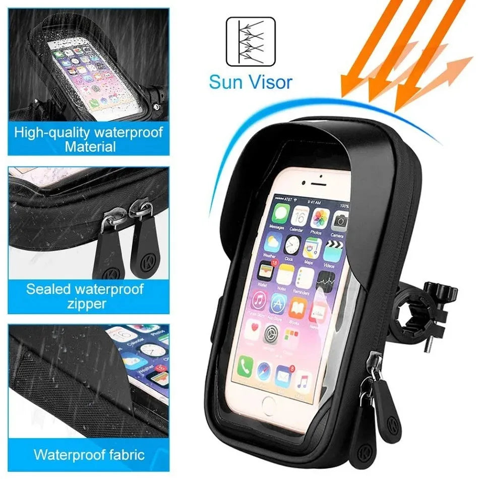 Black waterproof phone bag with sealed zipper and sun visor flap
