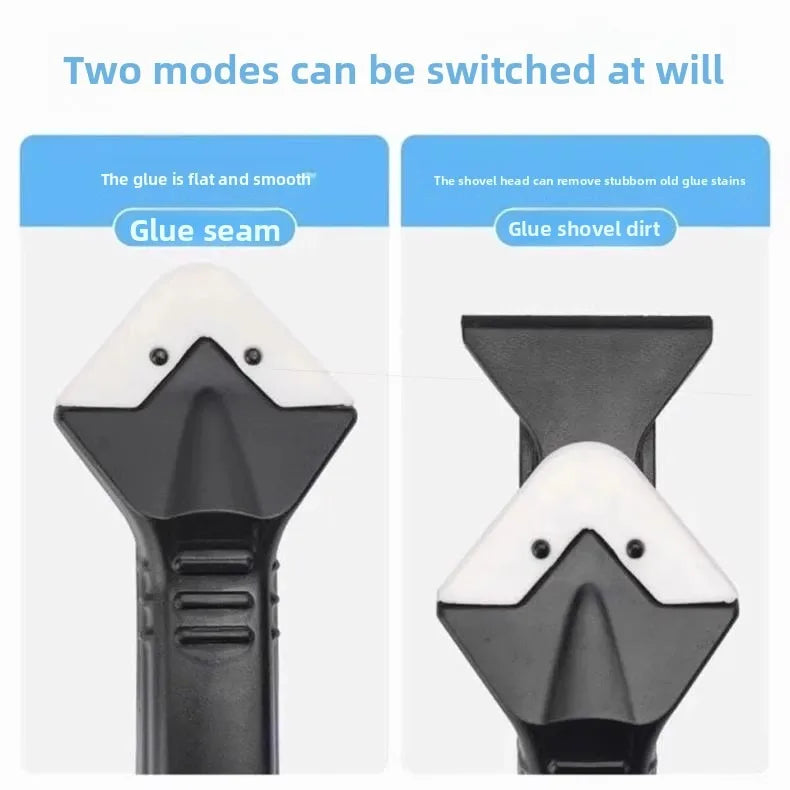 Silicone scraper head shown in two modes: glue seam scraping and dirt shovel